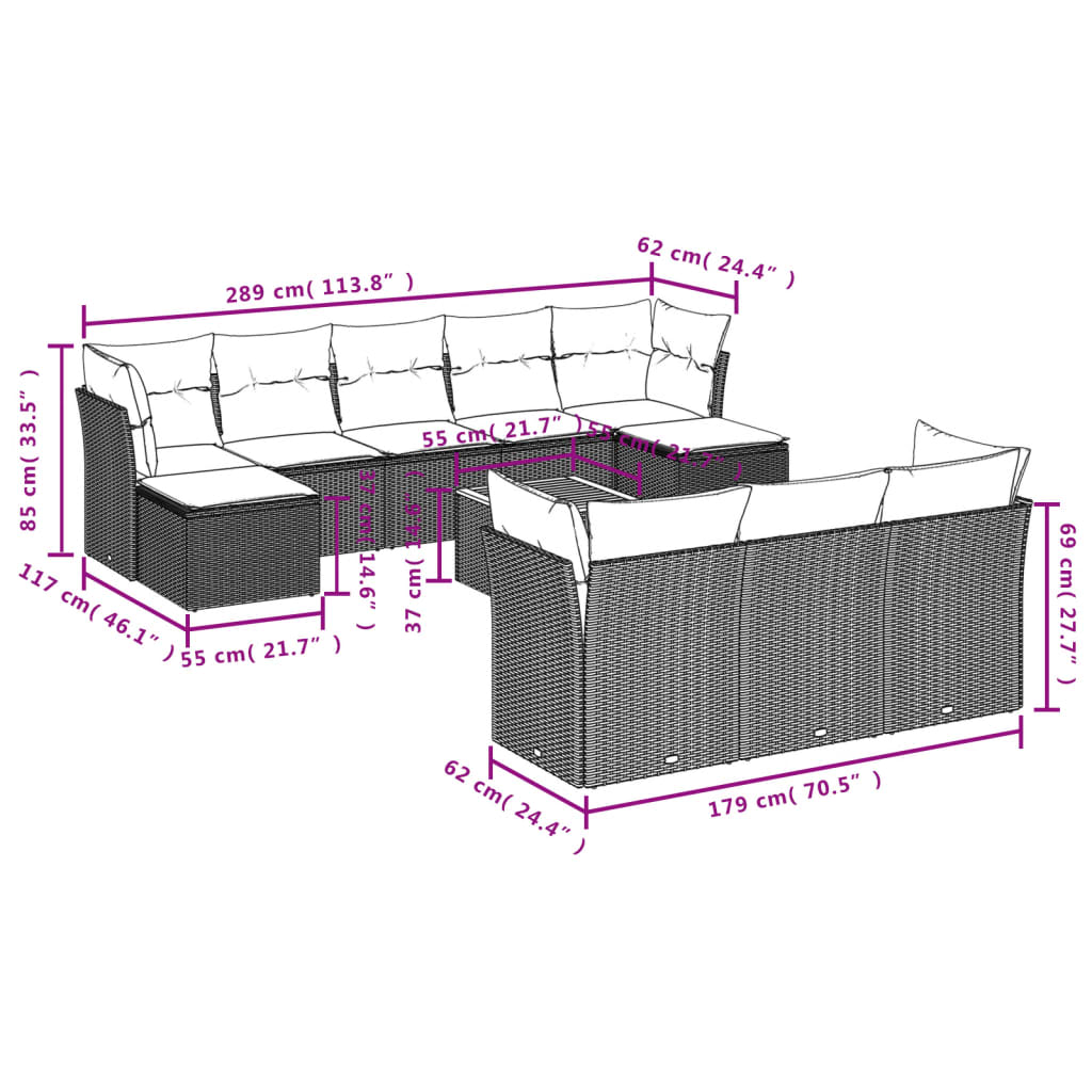 vidaXL 11 pcs conjunto sofás de jardim c/ almofadões vime PE cinzento