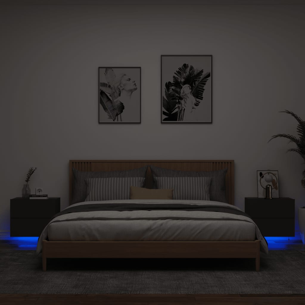 vidaXL Mesas de cabeceira de parede com luzes LED 2 pcs preto
