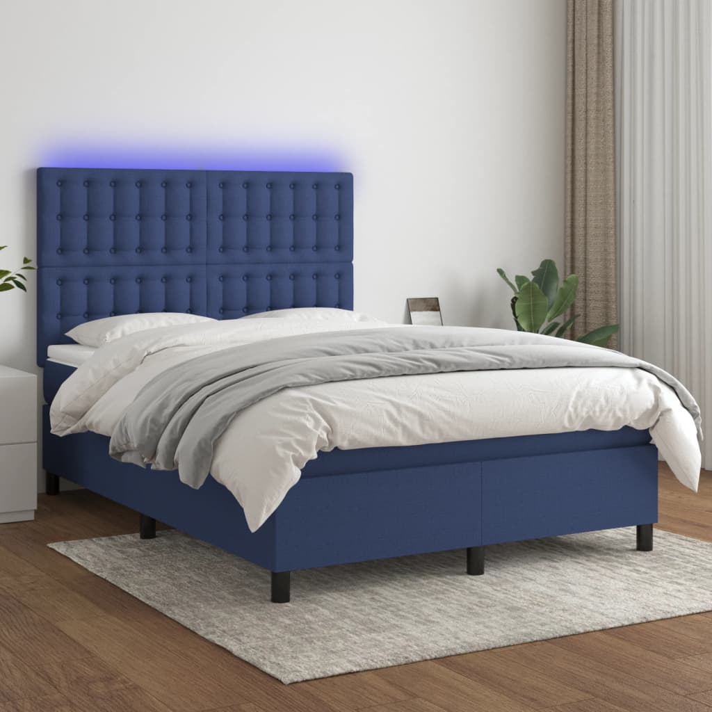 vidaXL Cama box spring c/ colchão e LED 140x190 cm tecido azul