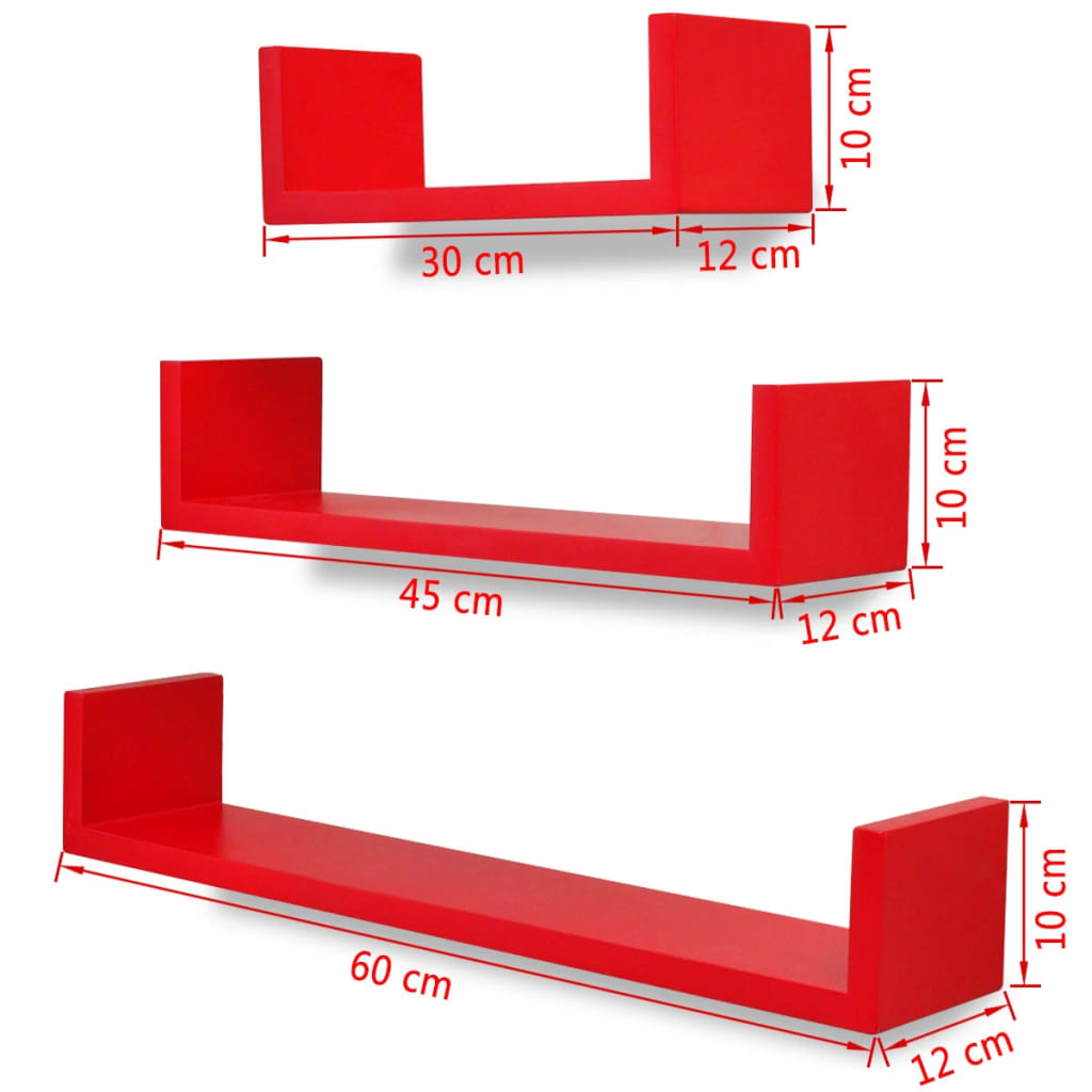 Conjunto 3 prateleiras de parede em forma de U MDF vermelho
