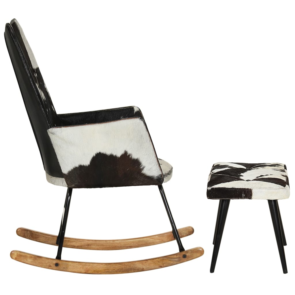 vidaXL Cadeira de baloiço com apoio de pés couro genuíno preto