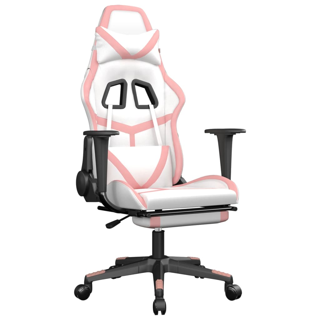 vidaXL Cadeira gaming massagens c/ apoio pés couro artif. branco/rosa