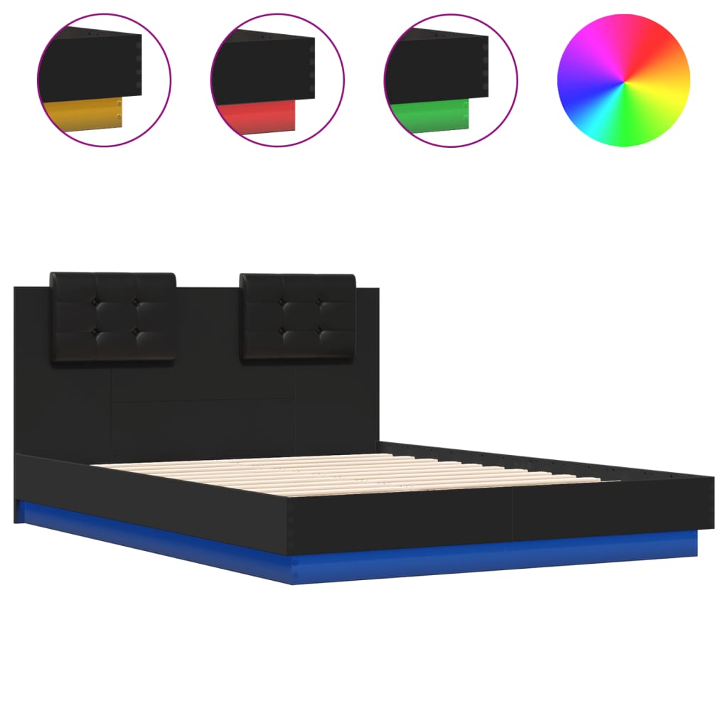 vidaXL Estrutura de cama com cabeceira e luzes LED 140x190 cm preto