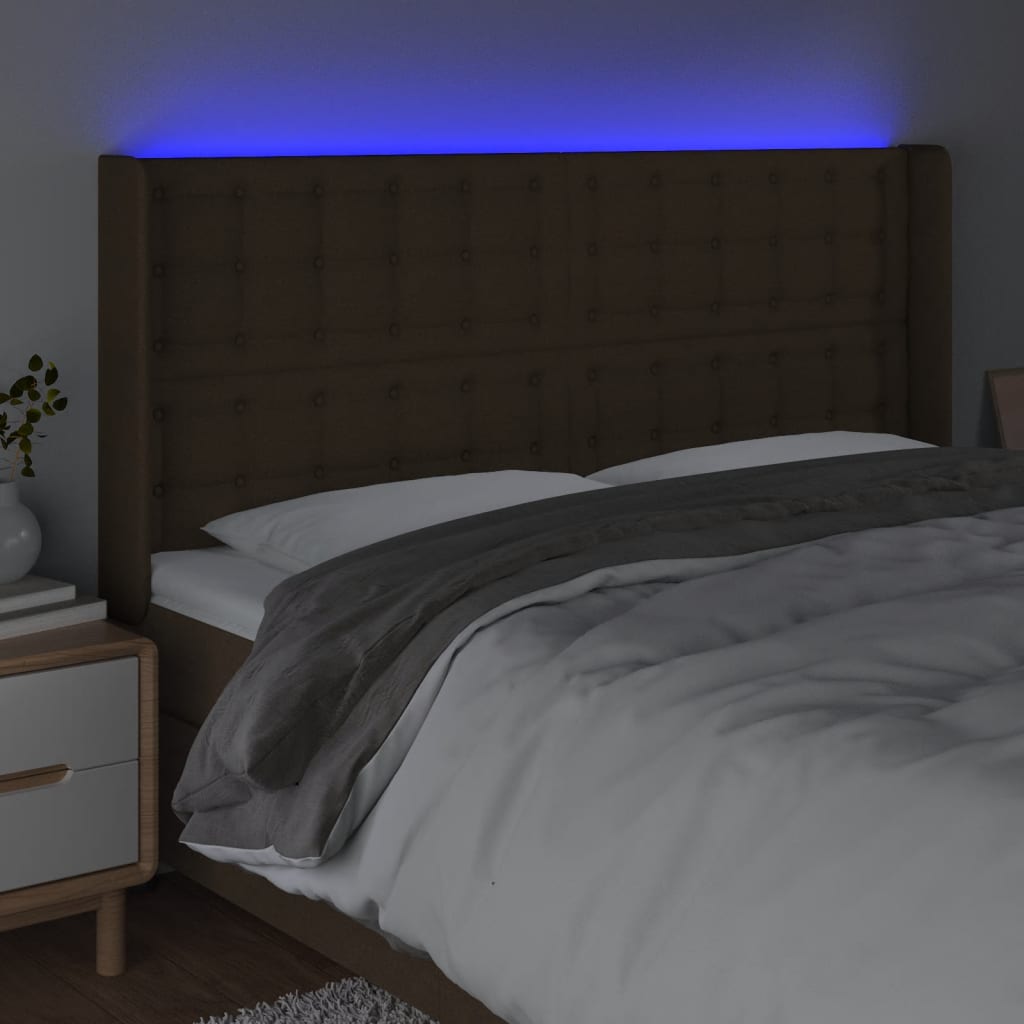 vidaXL Cabeceira de cama c/ luzes LED tecido 203x16x118/128cm castanho
