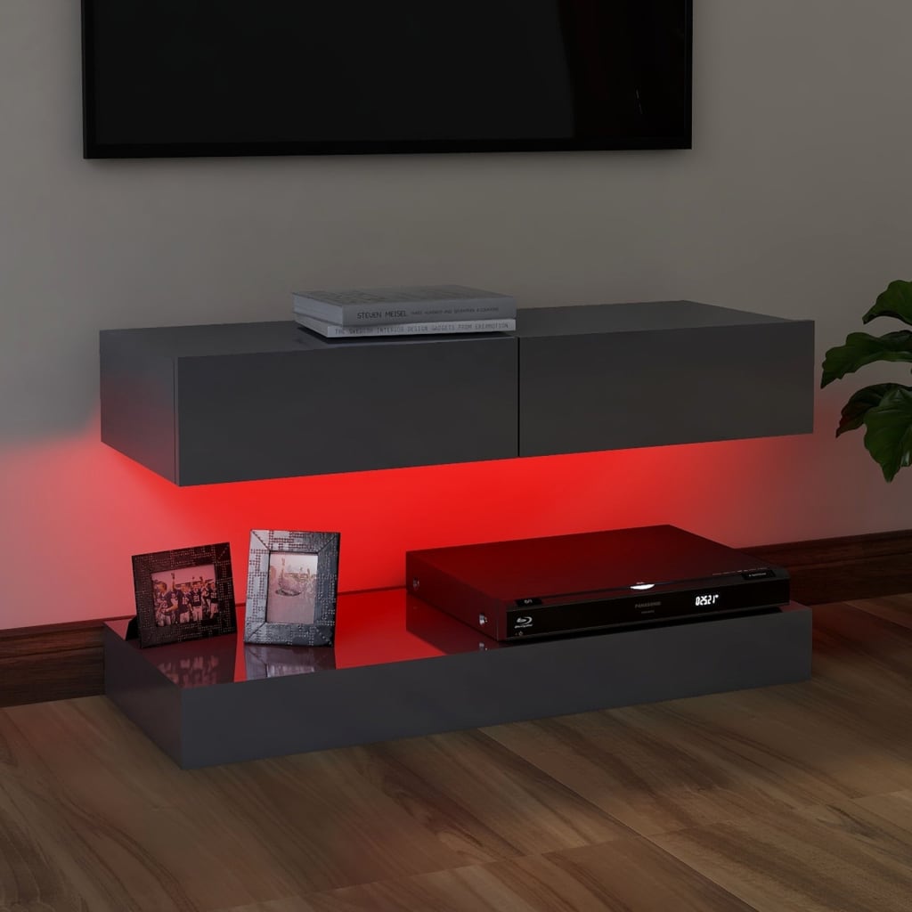 vidaXL Móvel de TV com luzes LED 90x35 cm cinzento brilhante
