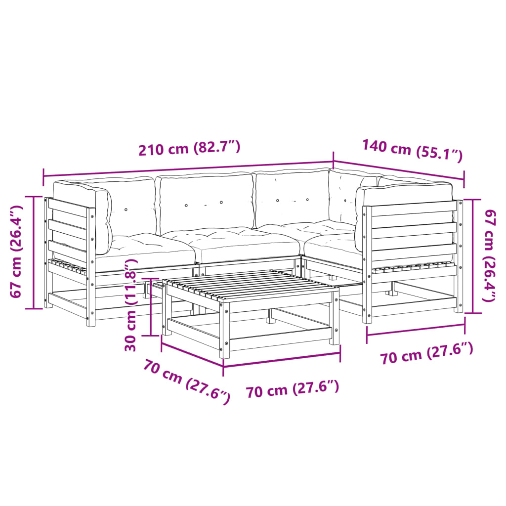 vidaXL 5 pcs conjunto sofás de jardim c/ almofadões pinho impregnado