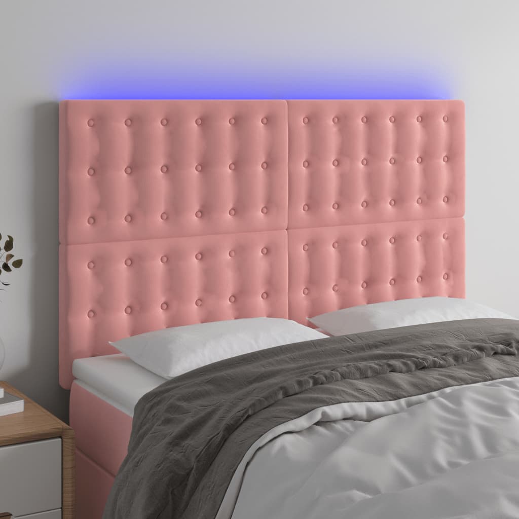 vidaXL Cabeceira de cama c/ luzes LED veludo 144x5x118/128 cm rosa