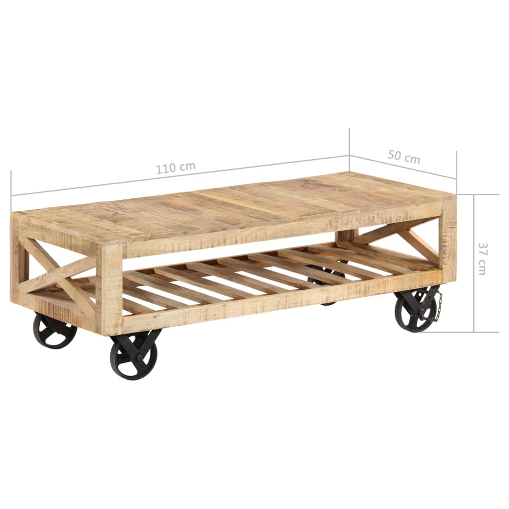 vidaXL Mesa de centro c/ rodas madeira mangueira maciça 110x50x37 cm