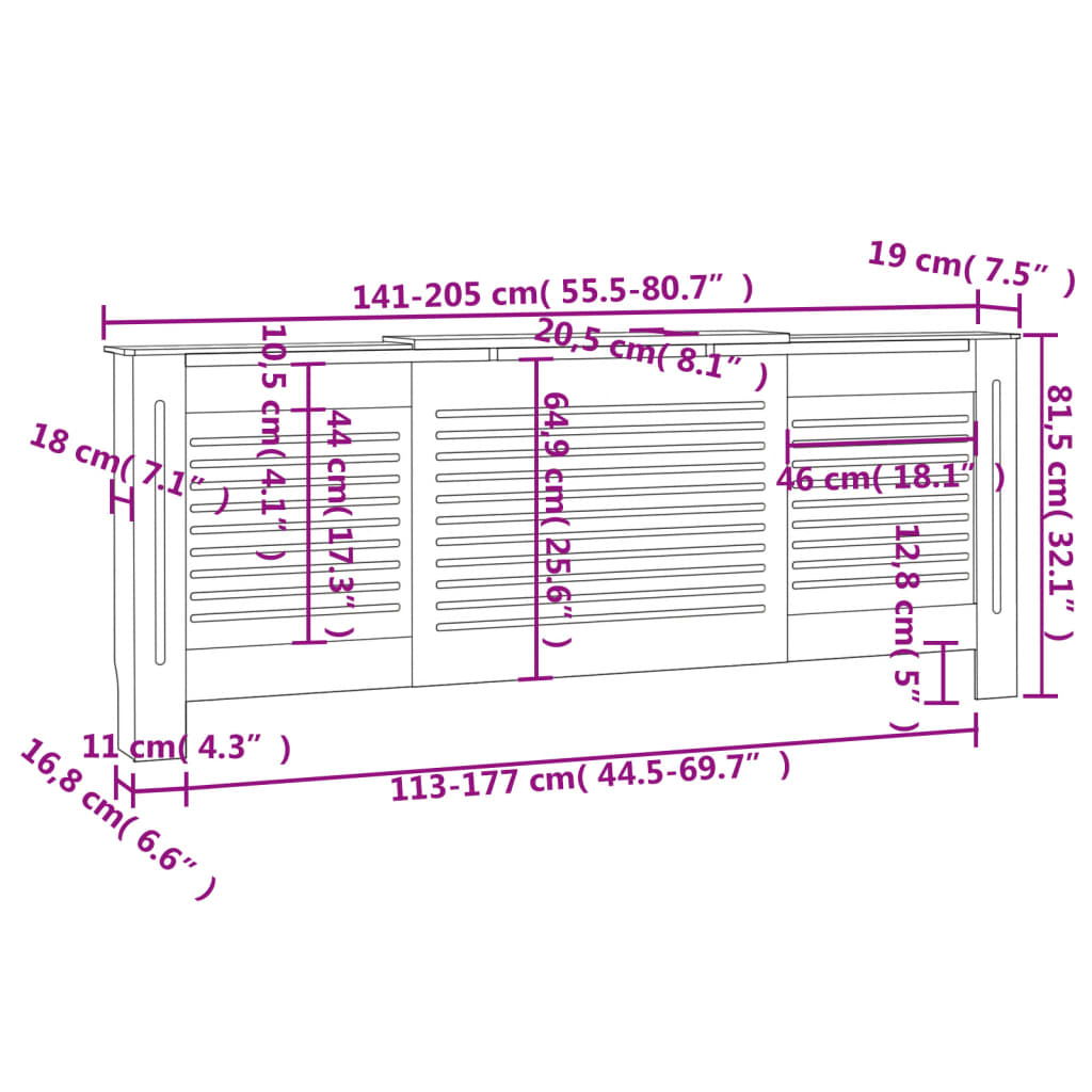 vidaXL Cobertura de radiador MDF 205 cm cinzento