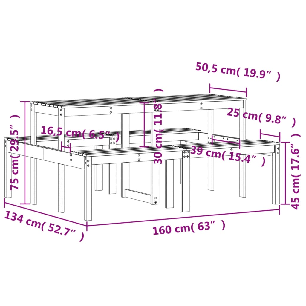vidaXL Mesa de piquenique 160x134x75 cm madeira de pinho maciça