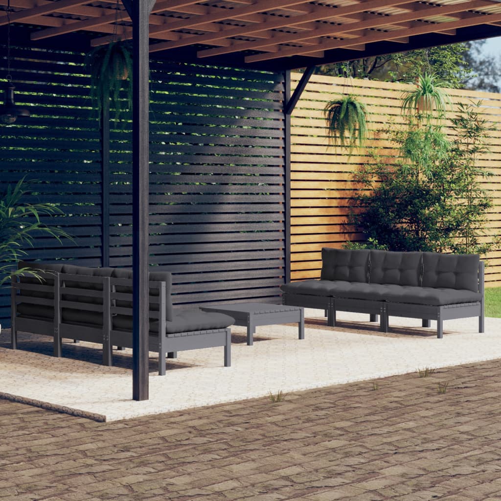 vidaXL 7 pcs conj. lounge de jardim com almofadões antracite pinho