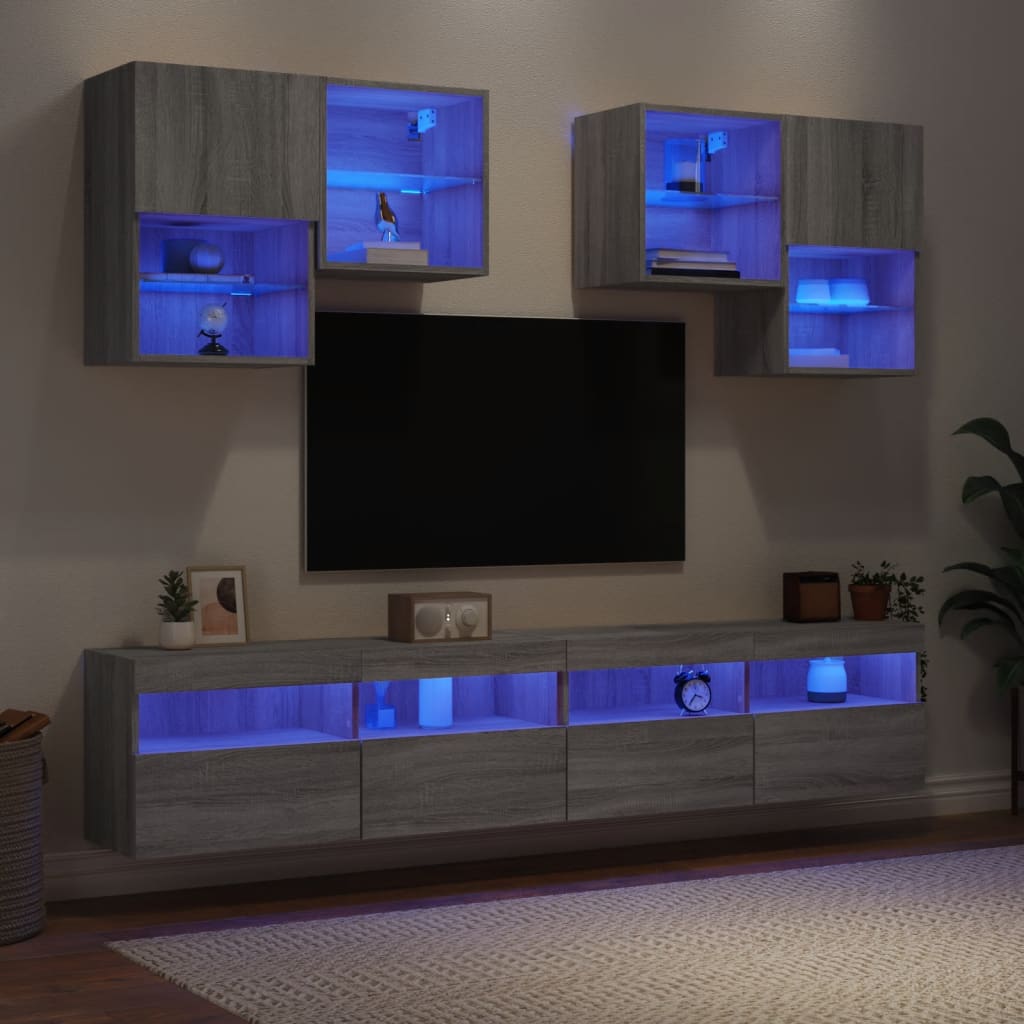 vidaXL 6 pcs conj. móveis de parede p/ TV c/ luzes LED cinzento sonoma