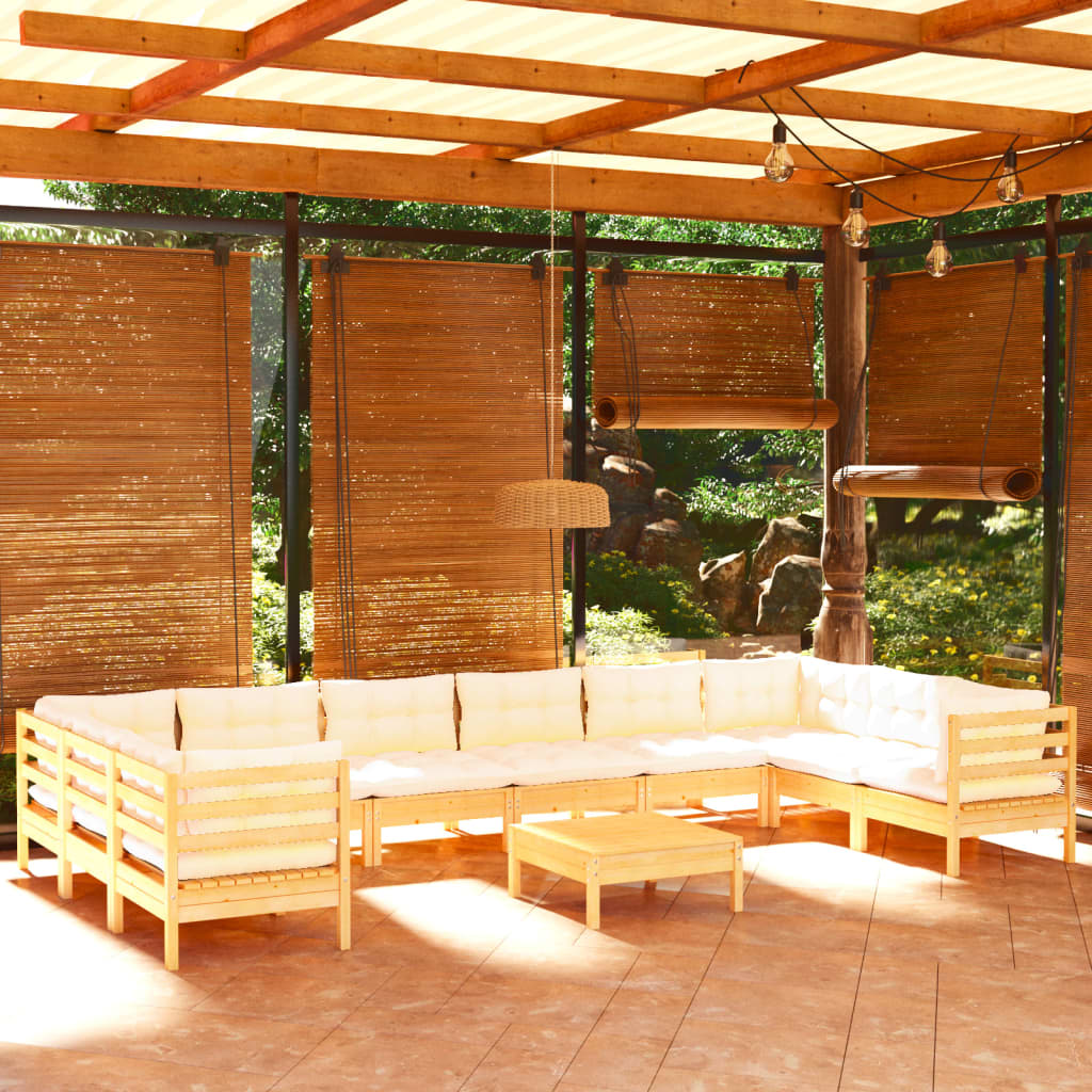 vidaXL 11 pcs conjunto lounge de jardim c/ almofadões cor creme pinho