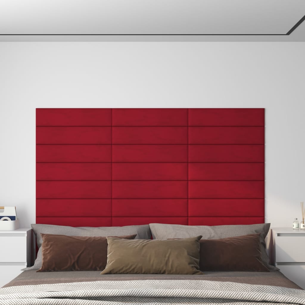 vidaXL Painel parede 12 pcs 60x15 cm veludo 1,08 m² vermelho tinto