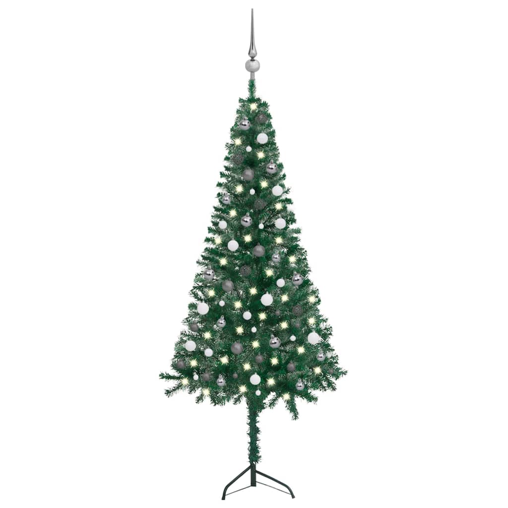 vidaXL Árvore Natal artif. canto c/ luzes LED/bolas 210 cm PVC verde