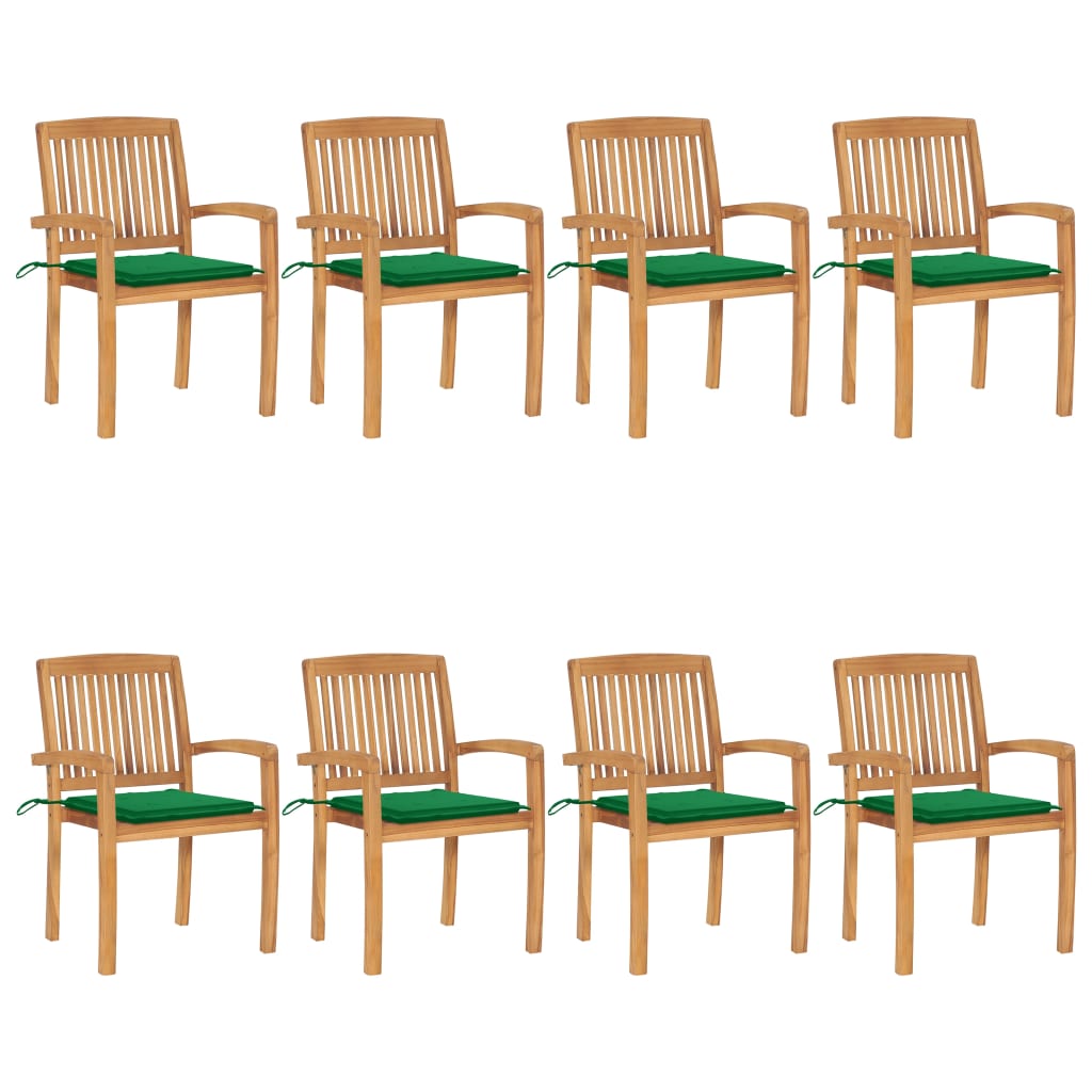 vidaXL Cadeiras de jardim empiháveis c/ almofadões 8 pcs teca maciça
