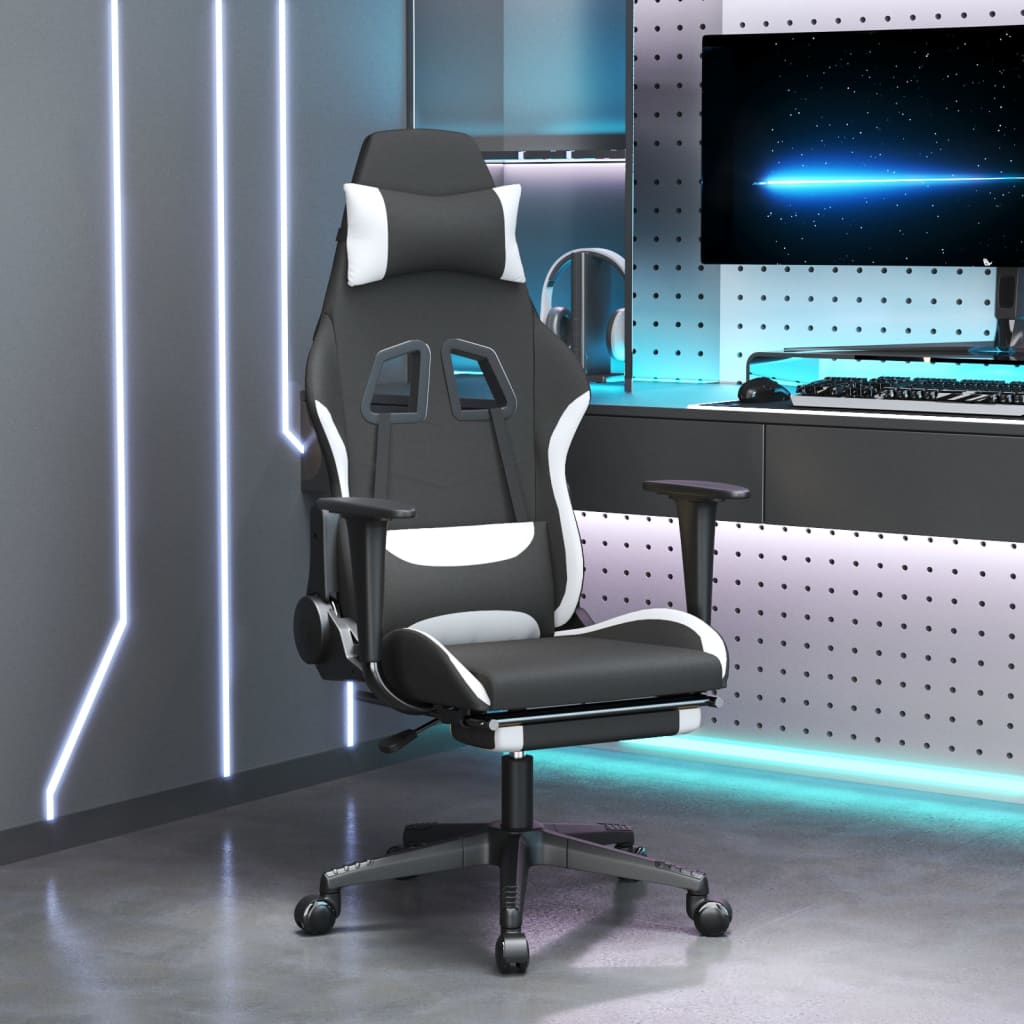 vidaxL Cadeira de gaming com apoio de pés tecido preto e branco