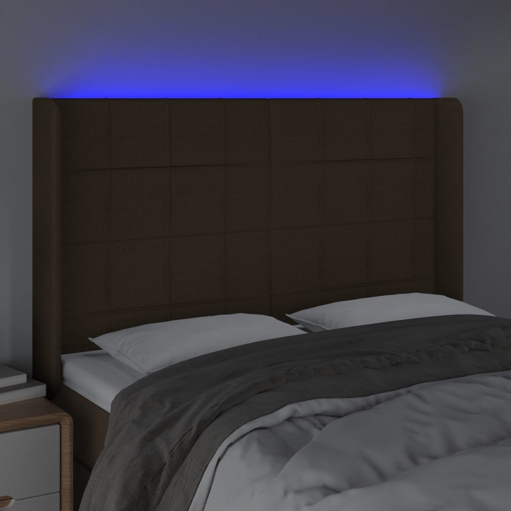 vidaXL Cabeceira de cama c/ luzes LED tecido 147x16x118/128cm castanho