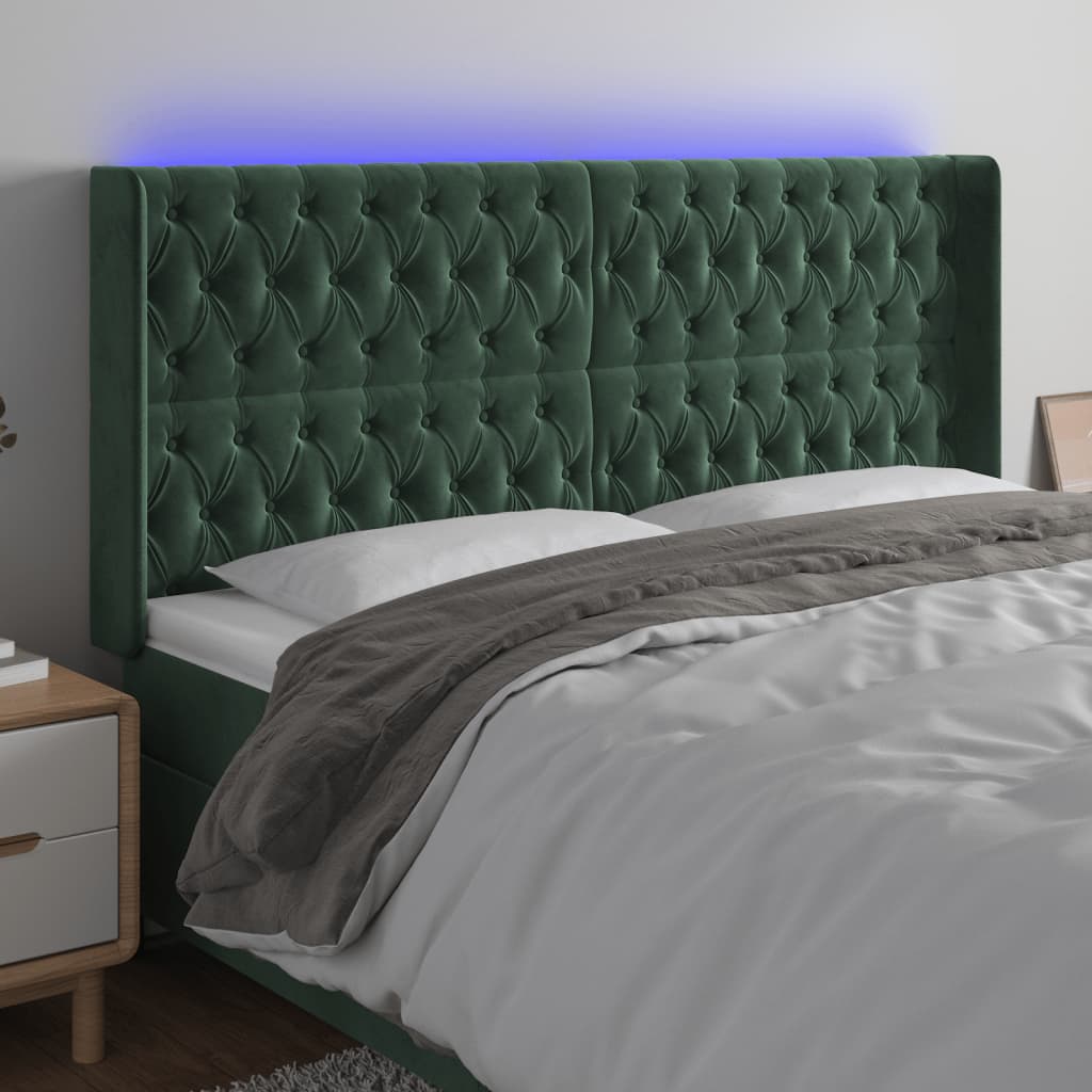 vidaXL Cabeceira de cama c/ LED veludo 203x16x118/128 cm verde-escuro