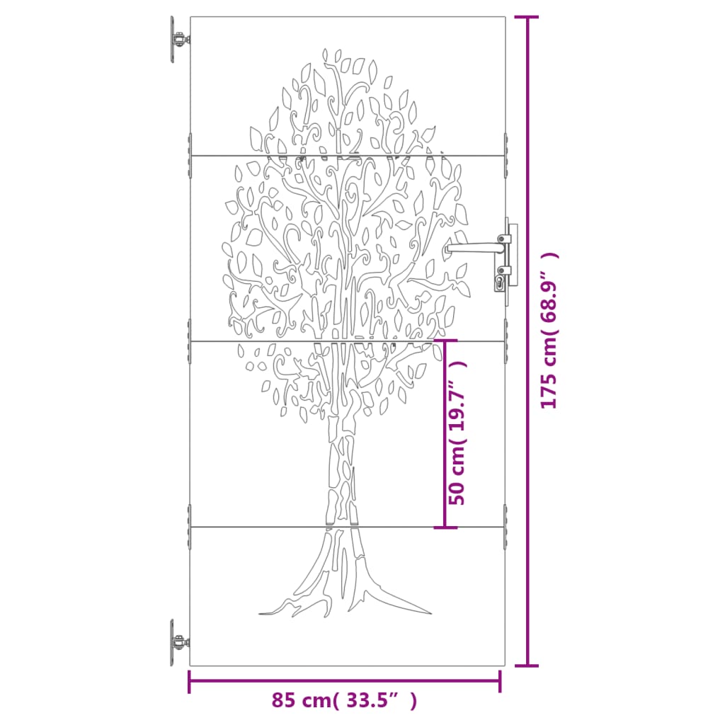 vidaXL Portão de jardim 85x175 cm aço corten design árvore