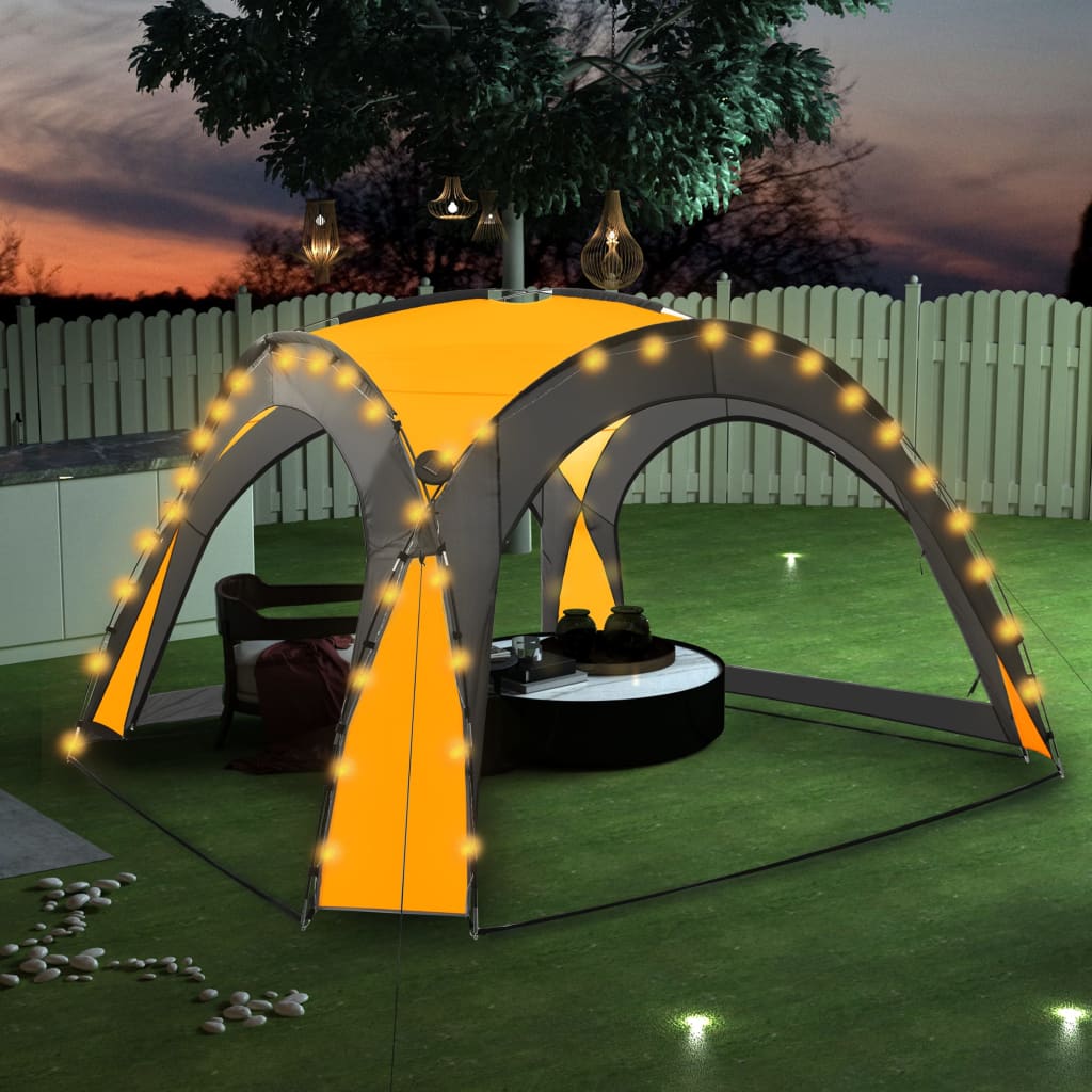 vidaXL Tenda festas com LED e 4 paredes laterais 3,6x3,6x2,3 m amarelo