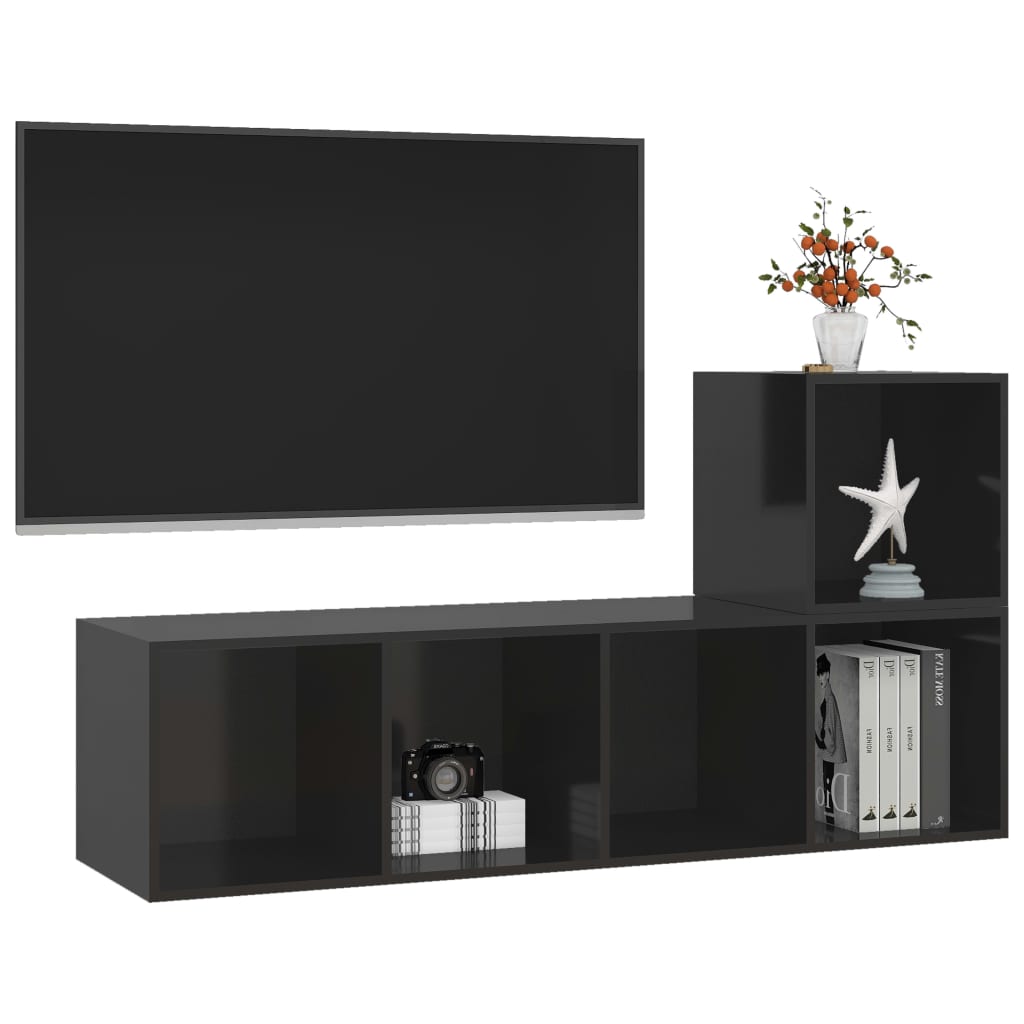 vidaXL 2 pcs conjunto de móveis de TV contraplacado preto brilhante