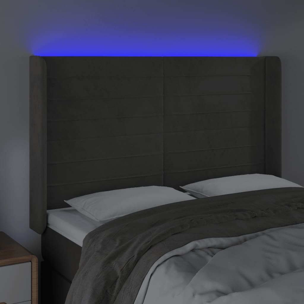 vidaXL Cabeceira de cama c/ LED veludo 147x16x118/128 cm cinza-escuro