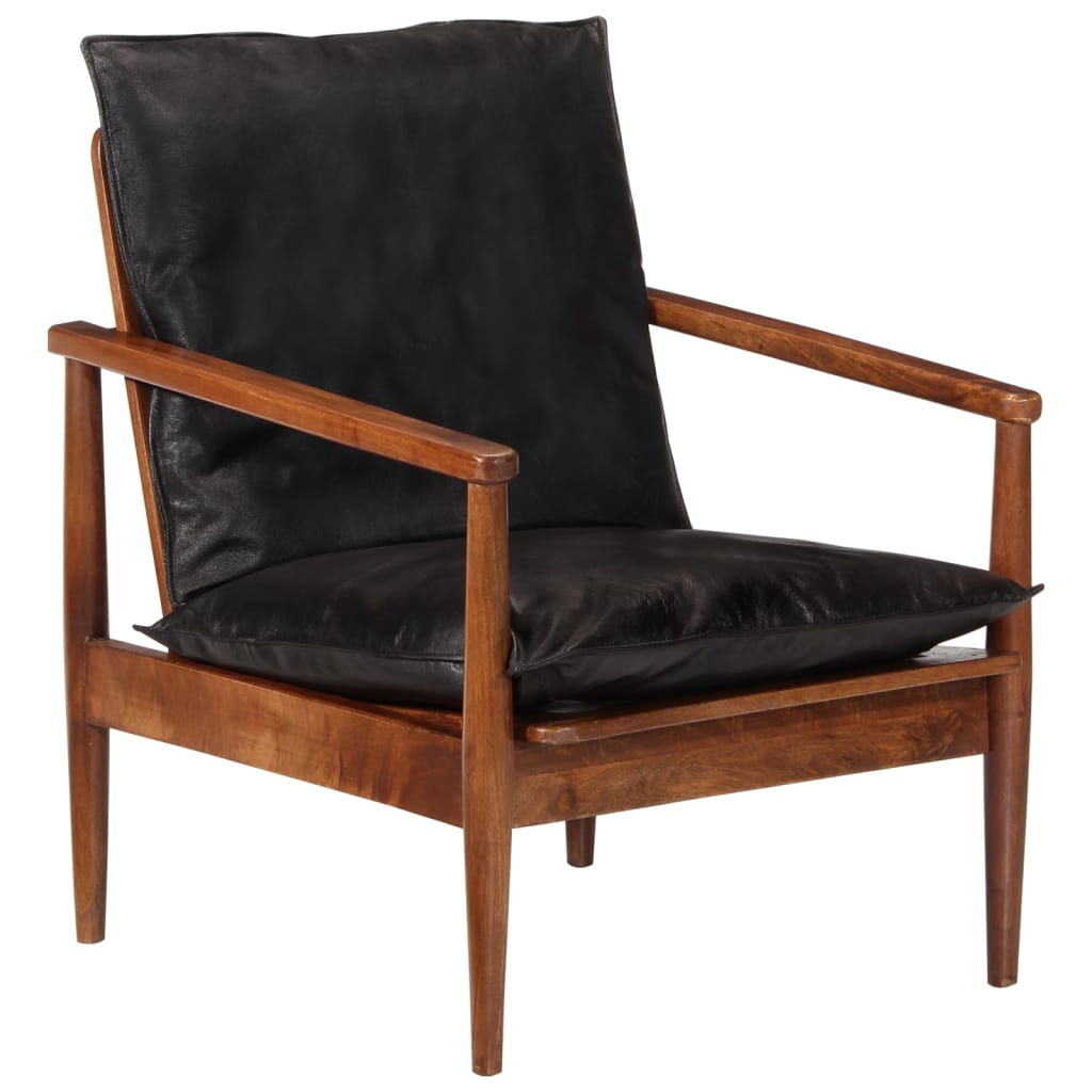 vidaXL Cadeira c/ apoio braços couro genuíno e acácia maciça preto