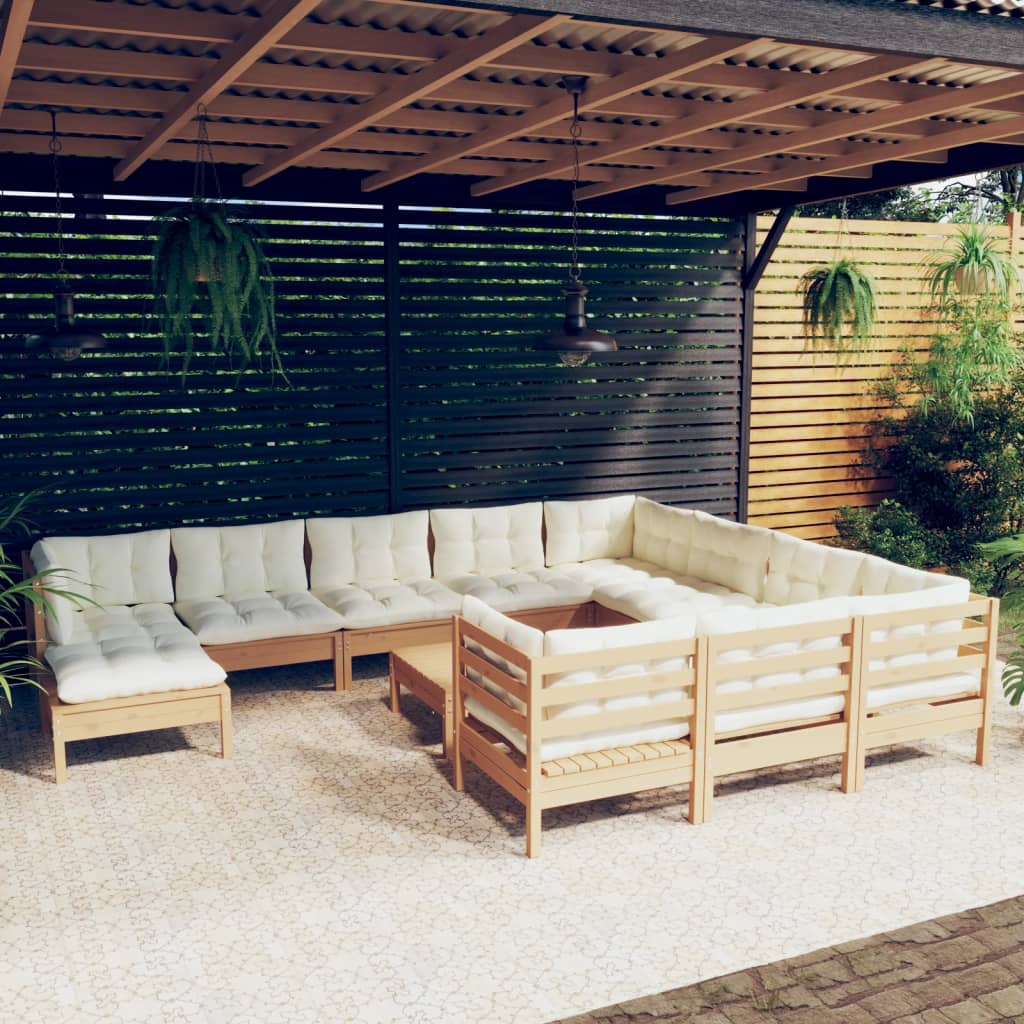 vidaXL 12pcs conj lounge jardim + almofadões pinho maciço castanho-mel