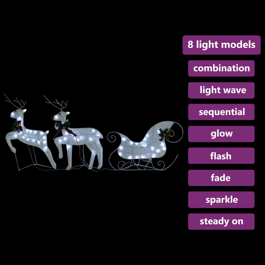 vidaXL Decoração de Natal renas/trenó p/ exterior 60 luzes LED branco