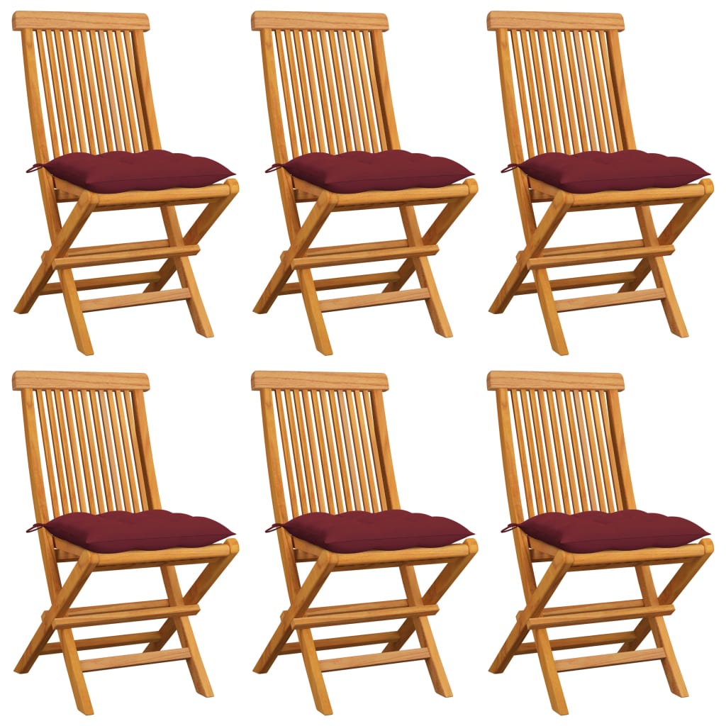 vidaXL Cadeiras jardim c/ almofadões vermelho tinto 6 pcs teca maciça