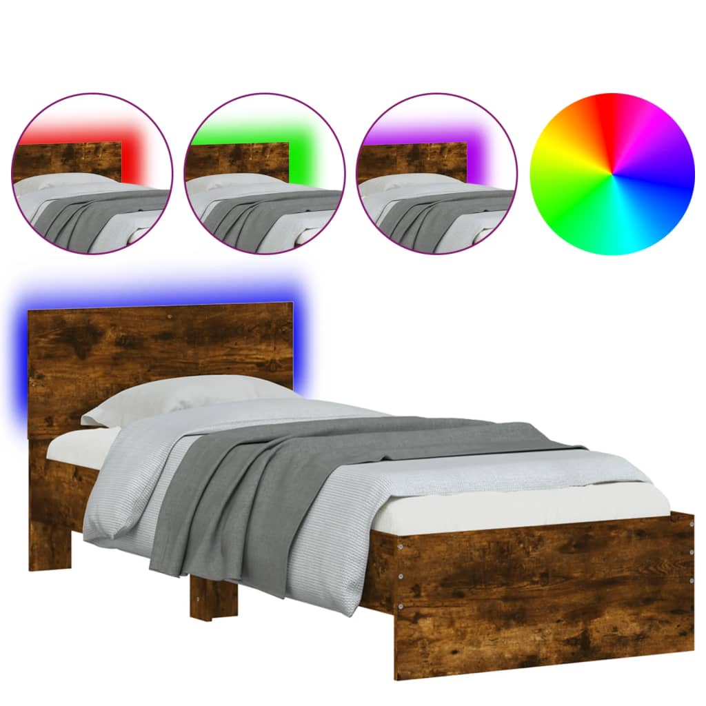 vidaXL Estrutura cama c/ cabeceira/luzes LED 75x190 cm carvalho fumado