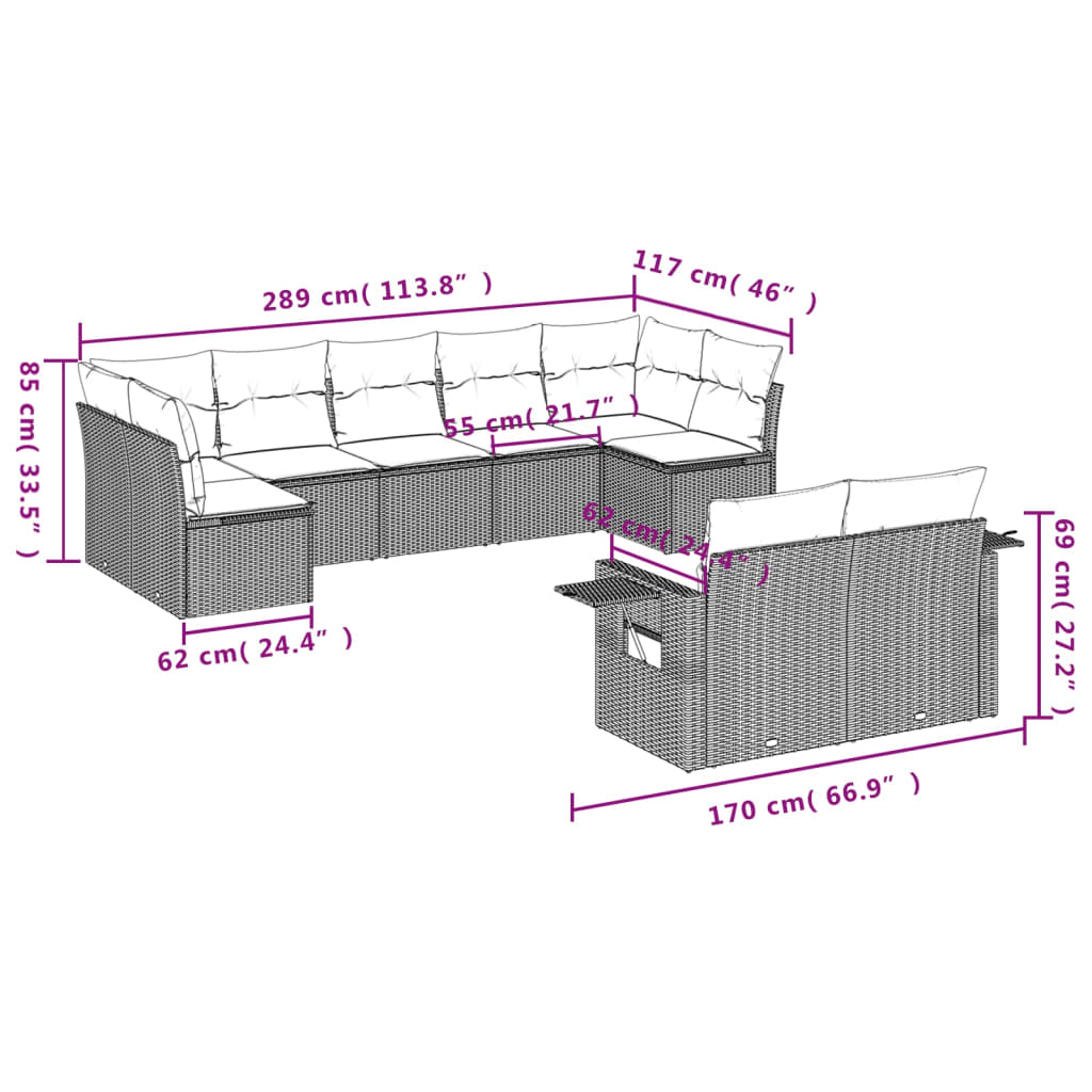 vidaXL 9 pcs conjunto sofás p/ jardim com almofadões vime PE cinzento