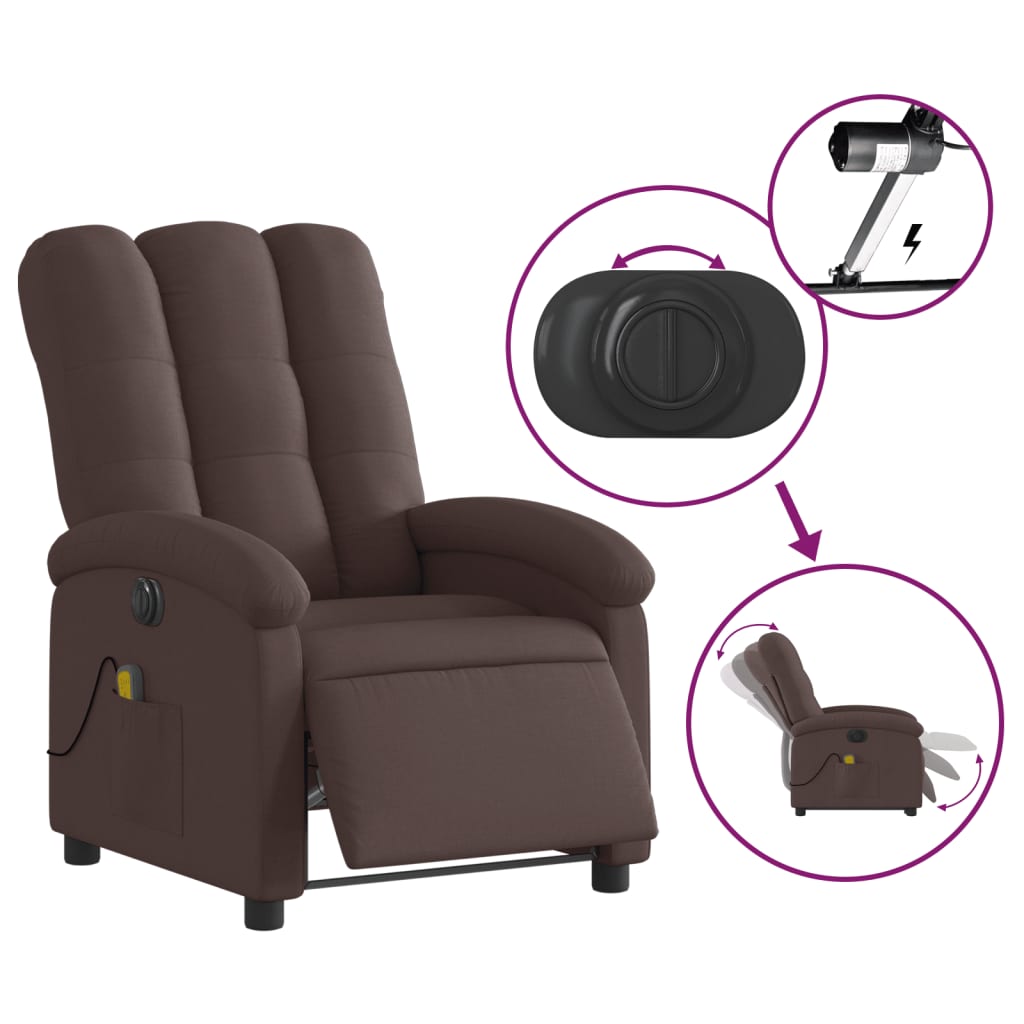 vidaXL Poltrona reclinável massagens elétrica tecido castanho-escuro