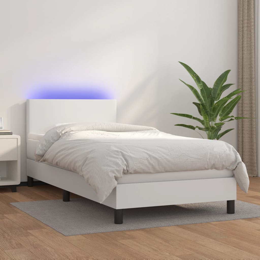 vidaXL Cama box spring c/colchão/LED 100x200cm couro artificial branco