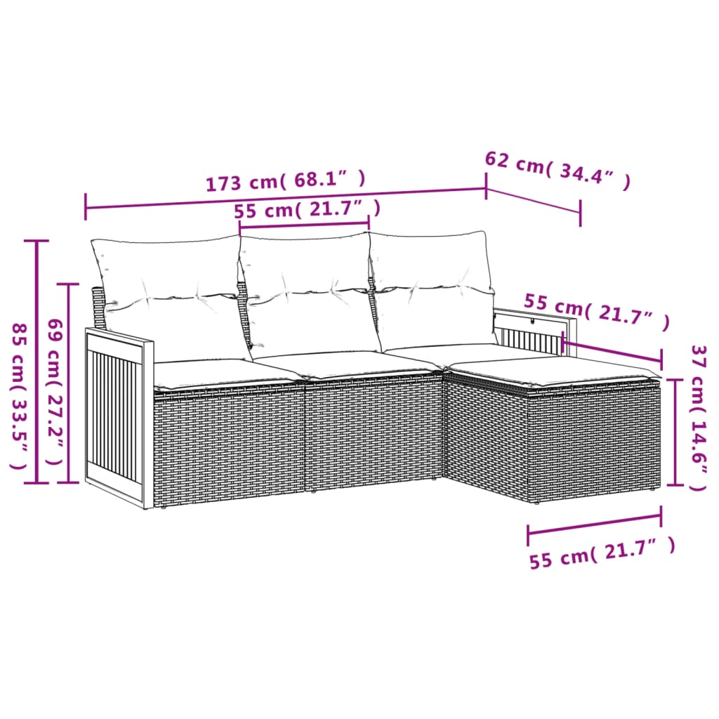 vidaXL 4 pcs conjunto de sofás para jardim c/ almofadões vime PE bege