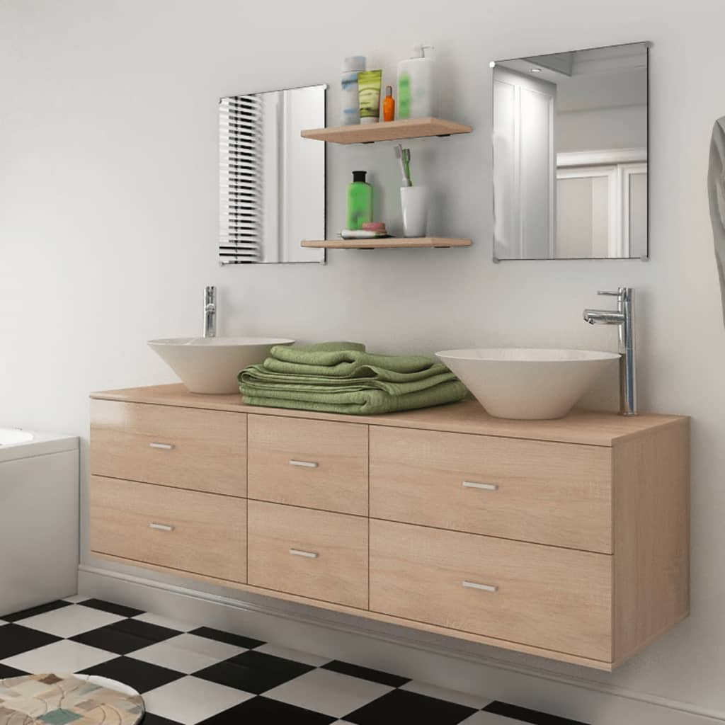 vidaXL Conjunto móveis casa de banho 9 pcs com bacia e torneira bege