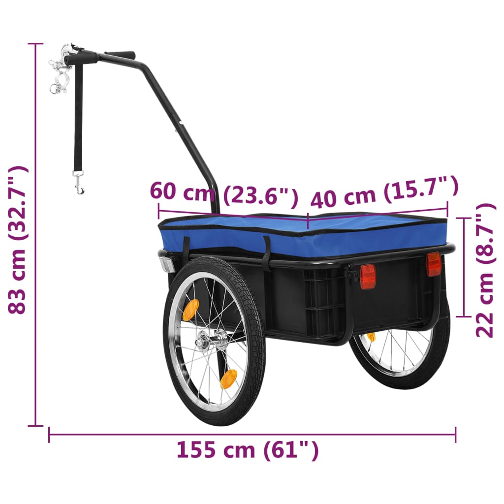 vidaXL Reboque p/ bicicleta/carroça de mão 155x60x83cm aço azul