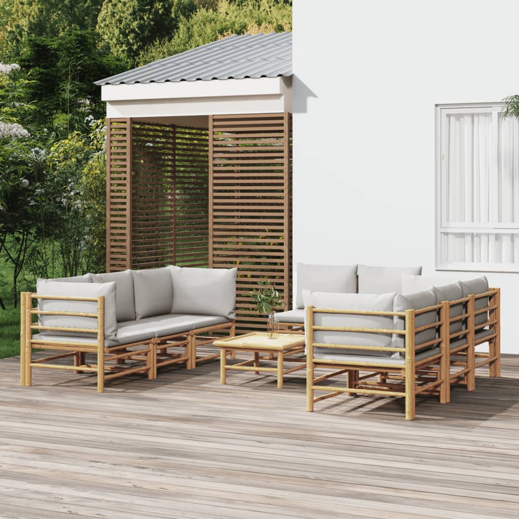 vidaXL 9 pcs conj. lounge de jardim bambu c/ almofadões cinzento-claro
