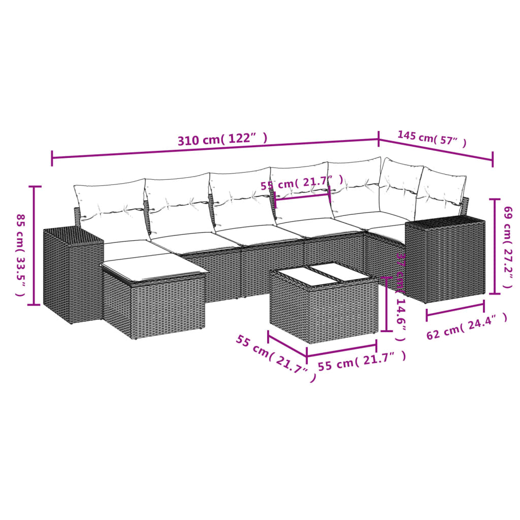 vidaXL 8 pcs conjunto de sofás p/ jardim com almofadões vime PE bege