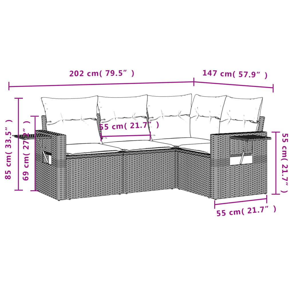 vidaXL 4 pcs conjunto sofás de jardim c/ almofadões vime PE cinzento