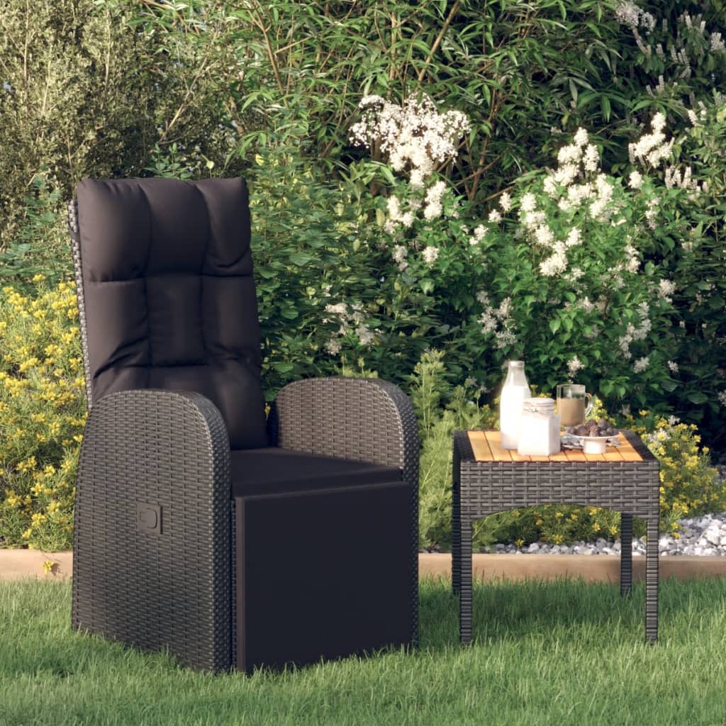 vidaXL Cadeira de jardim reclinável com almofadão vime PE preto