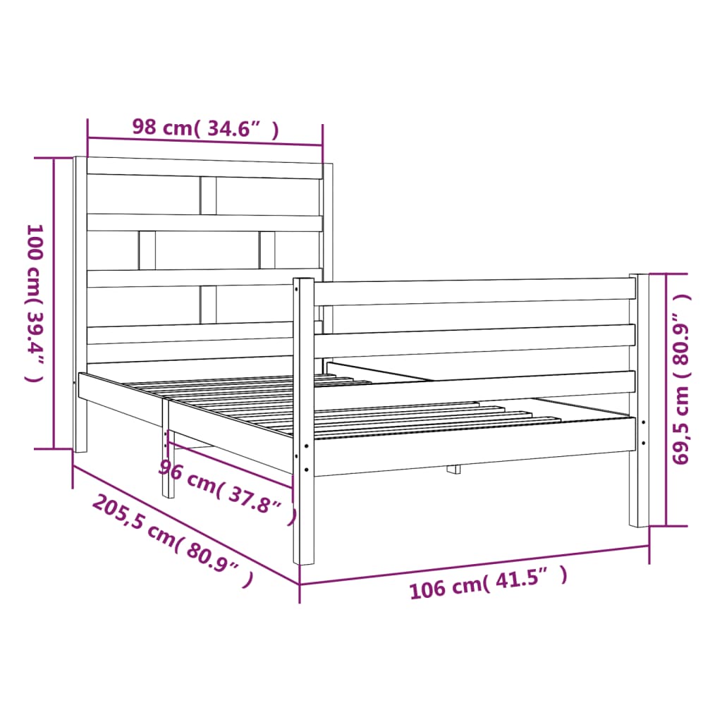 vidaXL Estrutura de cama 100x200 cm madeira de pinho maciça preto