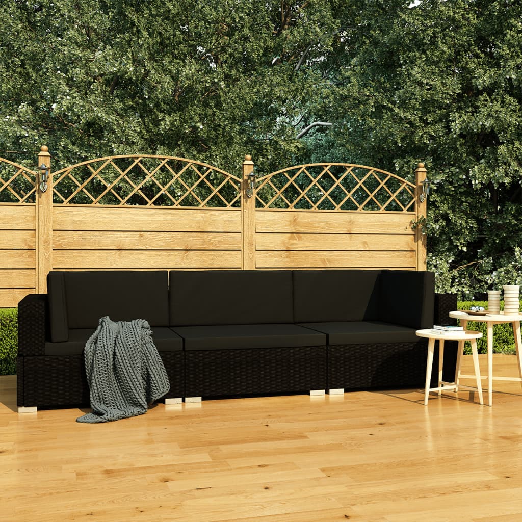 vidaXL 3 pcs conjunto sofás de jardim c/ almofadões vime PE preto