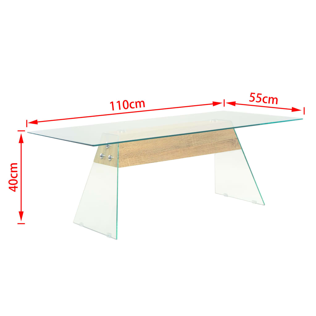 vidaXL Mesa de centro em vidro e MDF 110x55x40 cm cor de carvalho