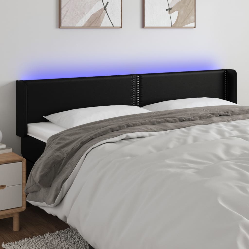 vidaXL Cabeceira de cama c/ LED couro artificial 163x16x78/88 cm preto