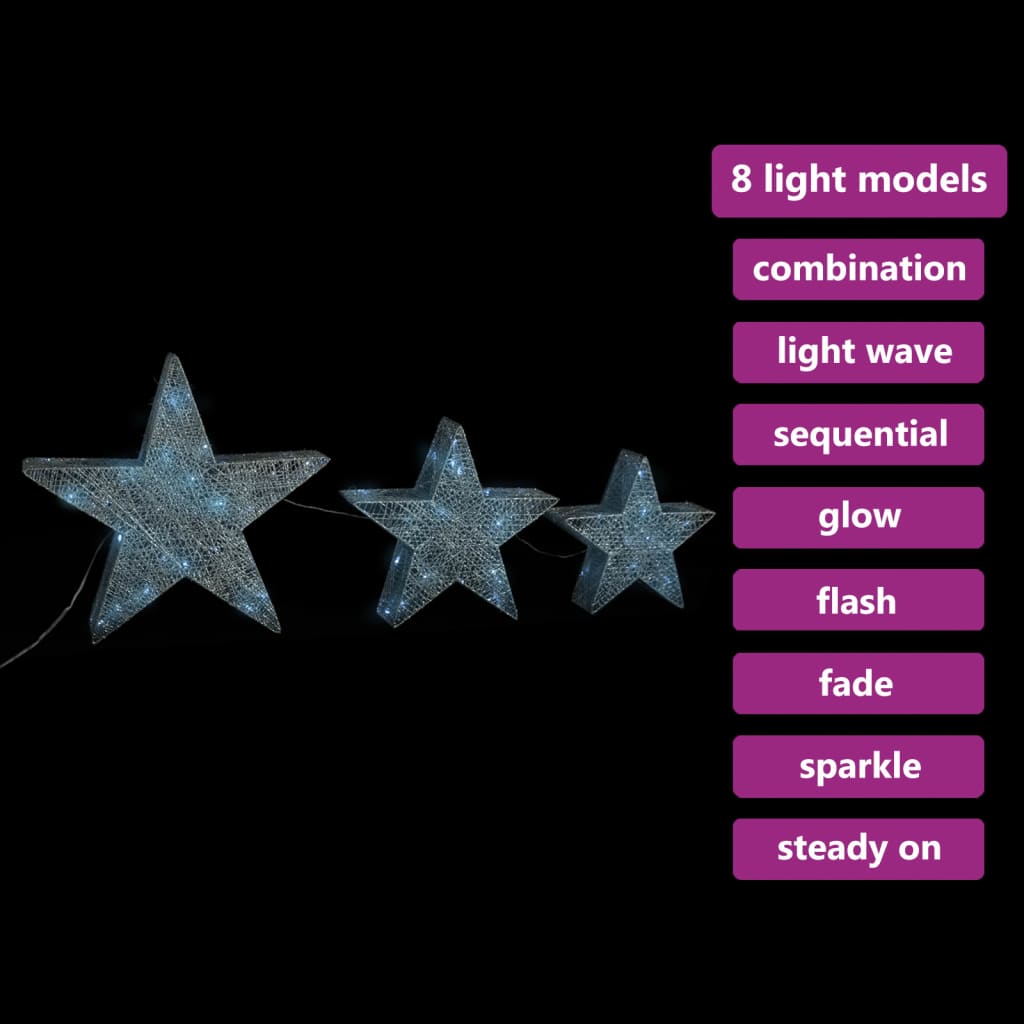 vidaXL Estrelas de Natal com luzes LED 3 pcs ext./int. arame prateado