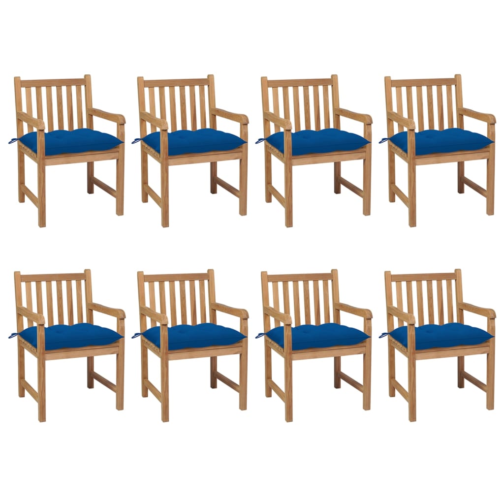 vidaXL Cadeiras de jardim c/ almofadões azul 8 pcs teca maciça