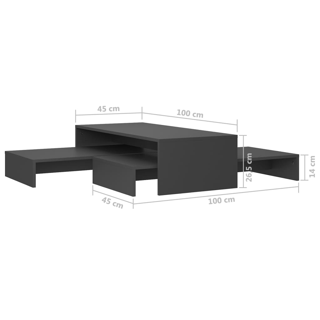 vidaXL Conj. mesas de centro 100x100x26,5 cm contraplacado cinzento