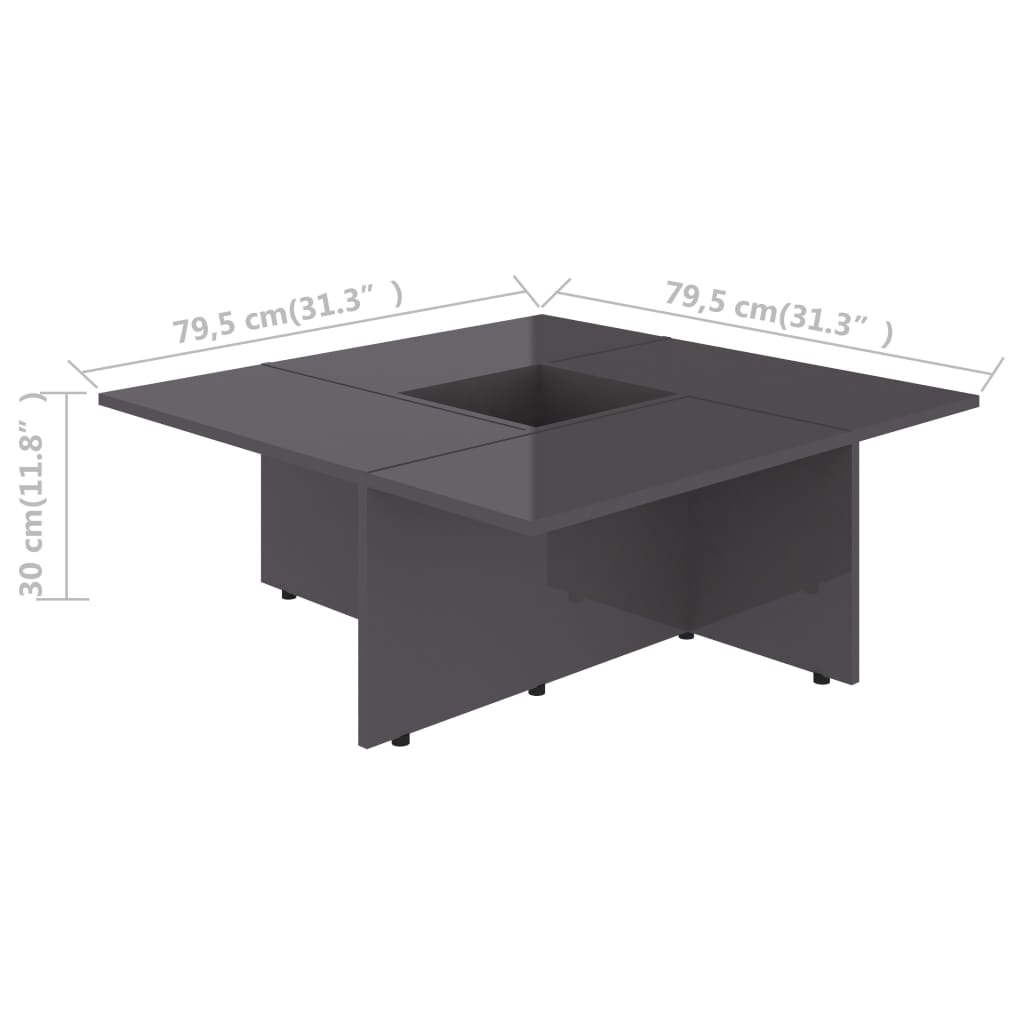 vidaXL Mesa de centro 79,5x79,5x30 cm contraplacado cinzento brilhante